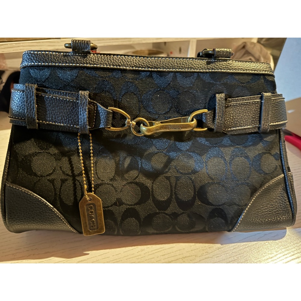 Coach Hamptons Black Signature Jacquard Satchel Bag with Pouch Brass Hardware